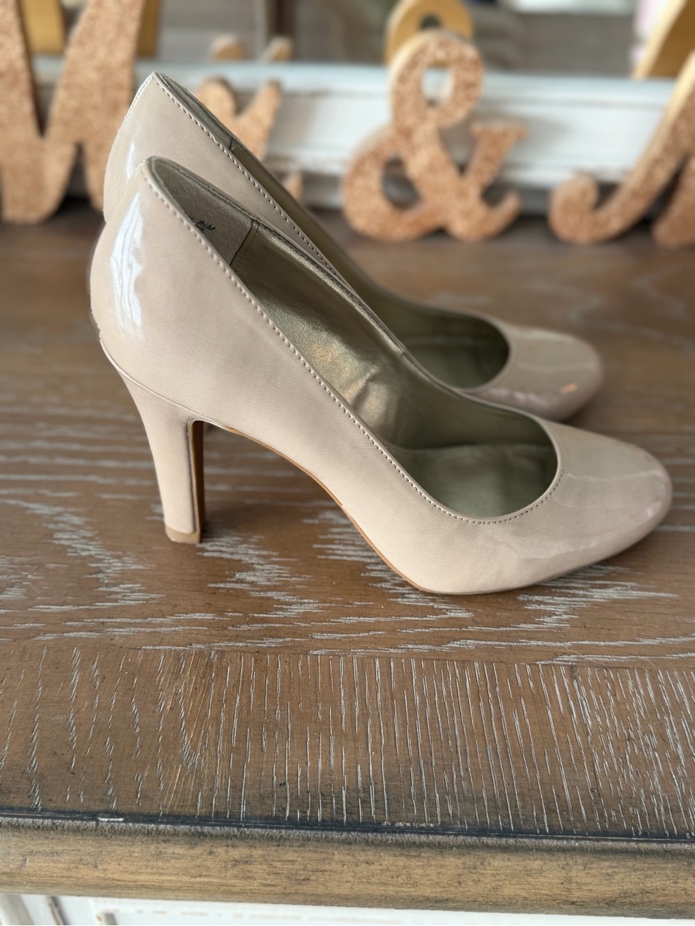 Bandolino Nude Patent Round-Toe High Heels